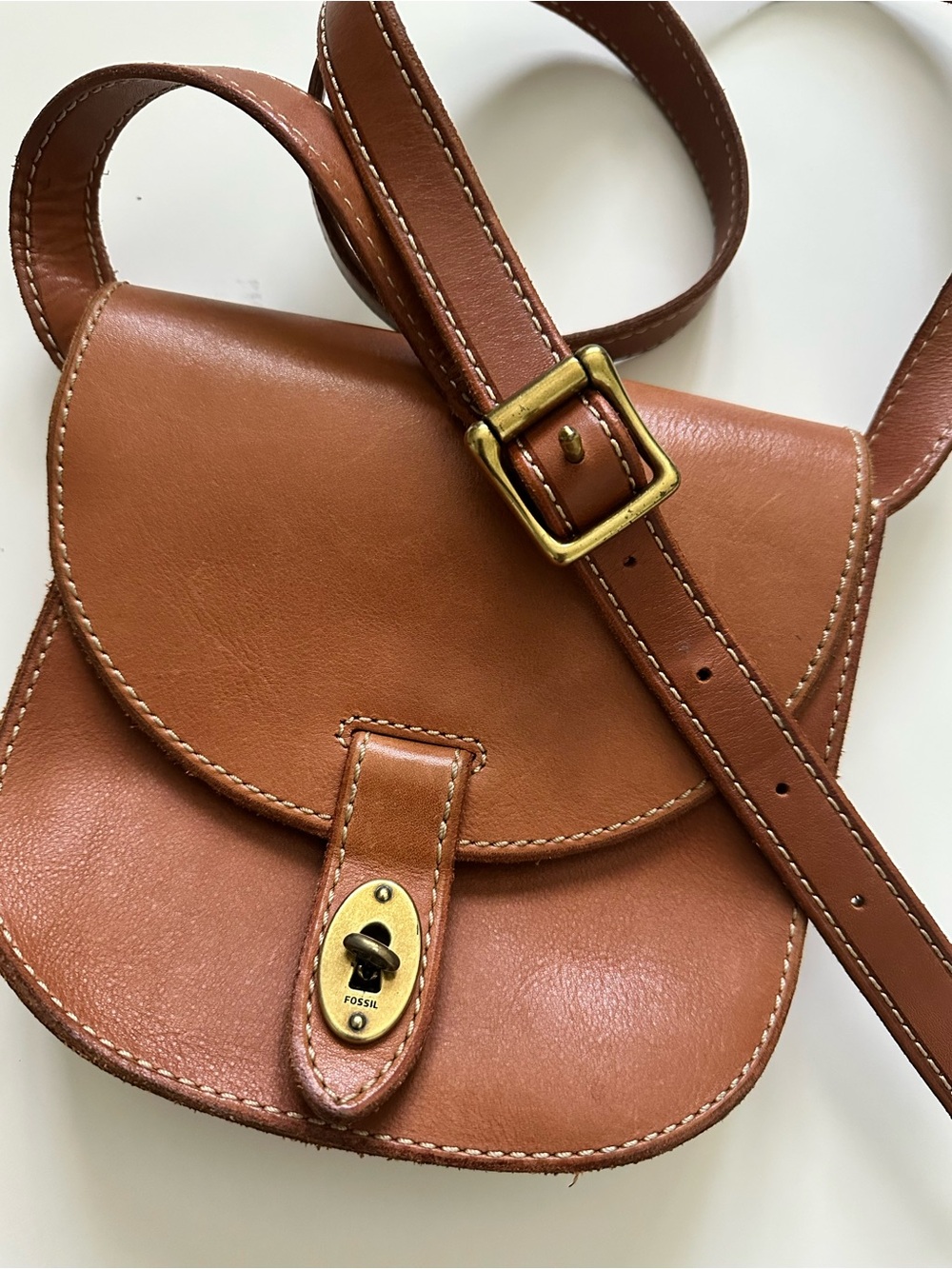 Fossil Tan Leather Crossbody Saddle Bag with Brass Hardware